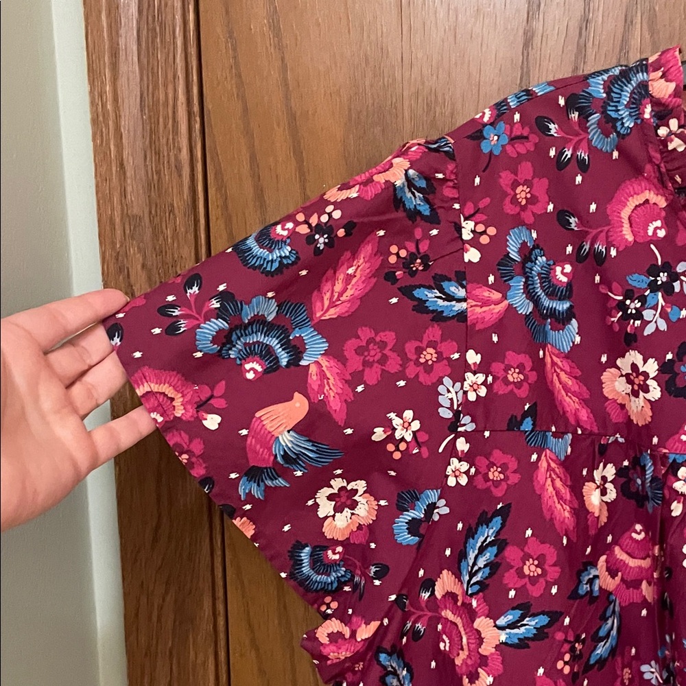 Lane Bryant NWT Sz 18 Burgundy Floral & Bird Print Short Sleeve Blouse Cotton - Picture 7 of 12